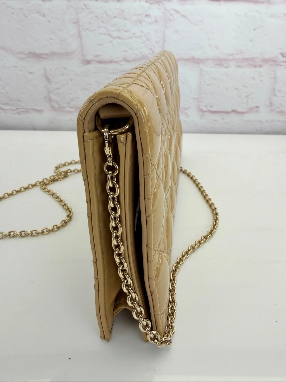 Christian Dior Patent Cannage Lady Dior Convertible Clutch Beige